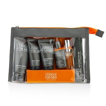Clinique For Men Exclusive Travel Set: Moisturizing Lotion+Eye Gel+Post-Shave Soother+Face Scrub+Cream Shave+Cologne Spray