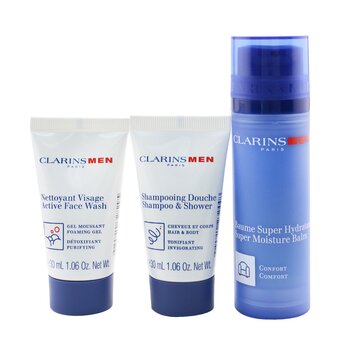 Men Hydration Essentials Set: Super Moisture Balm 50ml + Active Face Wash 30ml + Shampoo & Shower 30ml