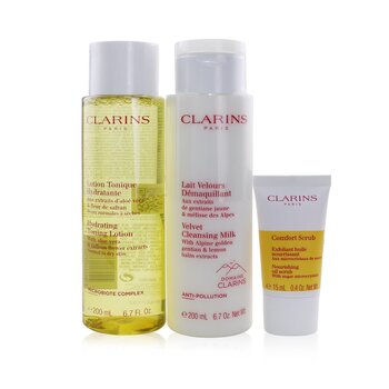 Clarins Perfect Cleansing Set (Normal to Dry Skin): Cleansing Milk 200ml+ Toning Lotion 200ml+ Comfort Scrub 15ml+ Bag